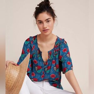 Anthropology Maeve Colorful Smocked Blue & Red Ruffle Blouse Women’s Medium